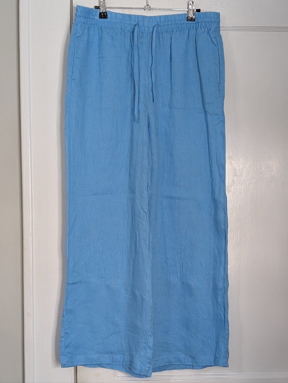 Elie Tahari 100% Linen Women's M Blue Wide Leg Pull On Pants Lightweight Cropped